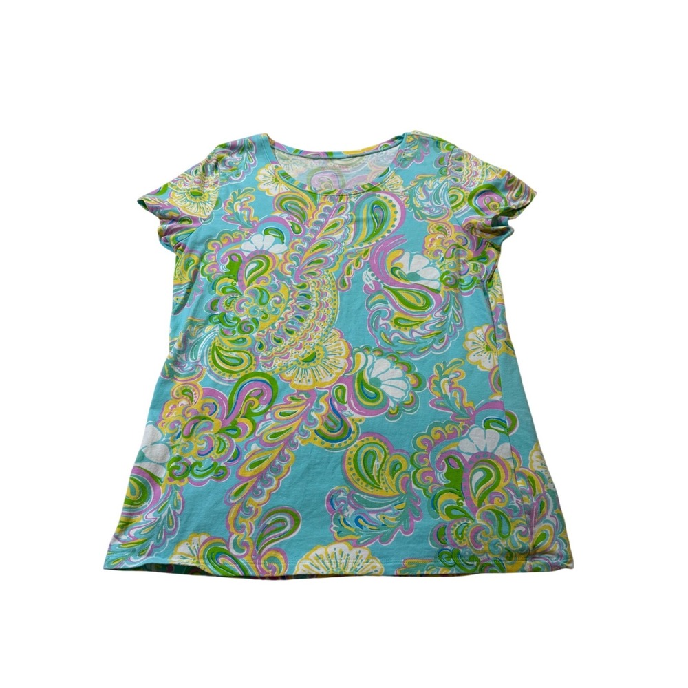Lilly Pulitzer‎ Etta Top L Blue Pink Paisley Floral Short Sleeve Shirt Tropical